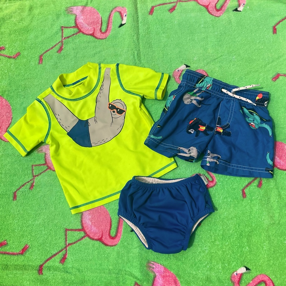Carter’s Sloth rash guard,trunks + swim diaper EUC